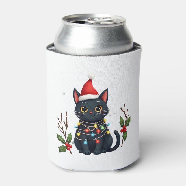 Black Cat Christmas Weihnachtsmannmütze Funny Meow Dosenkühler (Kanne Vorderseite)