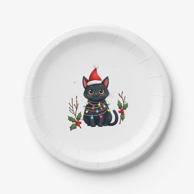 Black Cat Christmas Weihnachtsmannmütze Funny Meow Pappteller (Vorderseite)