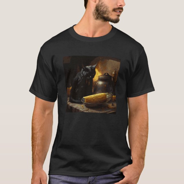 Black Cat Cooking Corn On The Cob T-Shirt (Vorderseite)