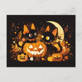 Black Cat Couple mit Pumpkins und Mond Feiertagspostkarte