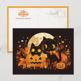 Black Cat Couple mit Pumpkins und Mond Postkarte