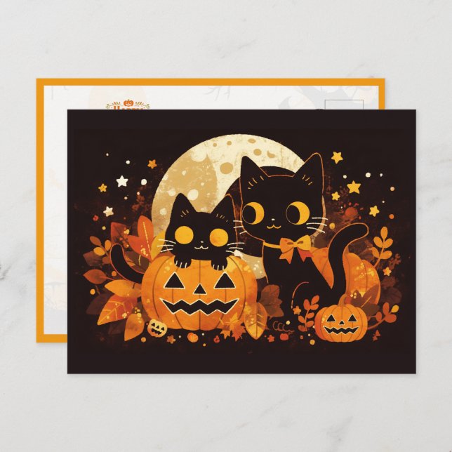 Black Cat Couple mit Pumpkins und Mond Postkarte (Vorne/Hinten)