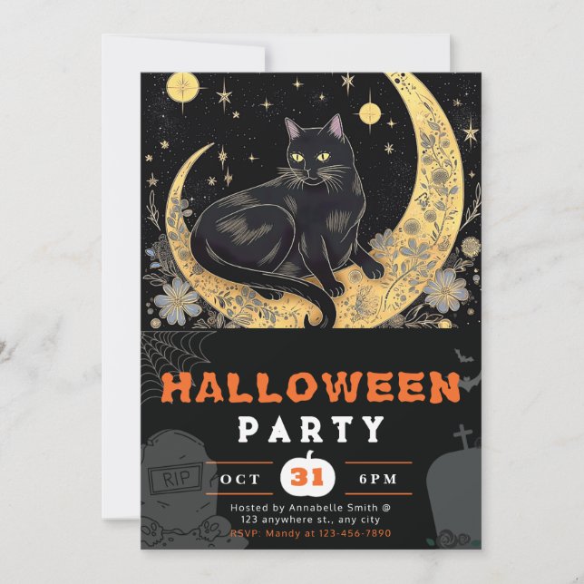 Black Cat Crescent Moon Floral Black Halloween Einladung (Vorderseite)