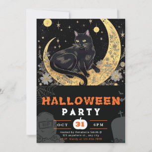 Black Cat Crescent Moon Floral Black Halloween Einladung