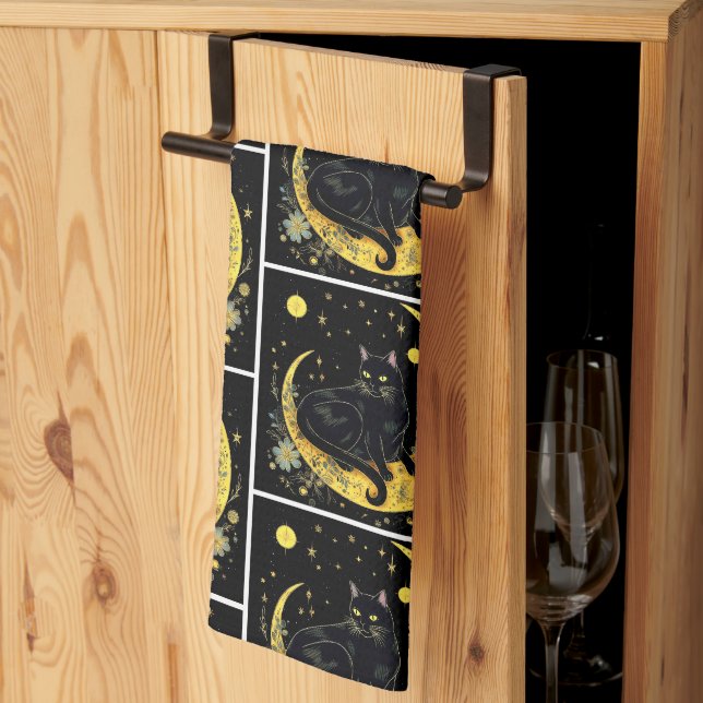 Black Cat Crescent Moon Floral White Halloween Geschirrtuch (Drittel gefaltet)