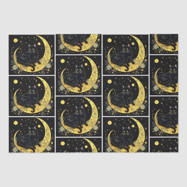 Black Cat Crescent Moon Floral White Halloween Seidenpapier (Vorderseite)