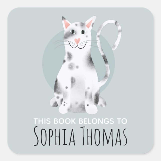 Black Cat Dieses Buch gehört zu Name Kids Buchzeic Quadratischer Aufkleber (Vorderseite)