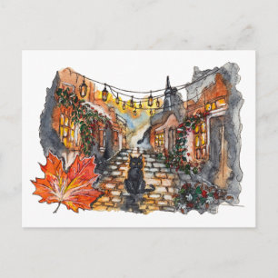 Black Cat Dorfstraße Halloween Aquarell Postkarte