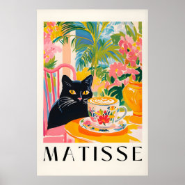 Black Cat Drinking Coffee Funny Matisse Style Poster
