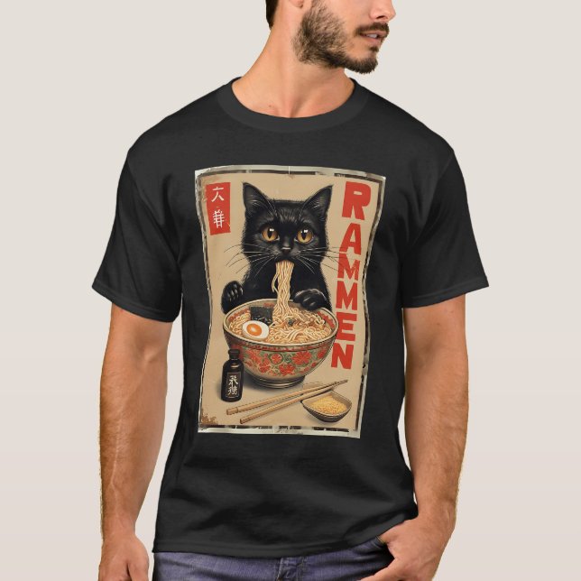 Black Cat Eating Ramen Japanisch Nudeln Lebensmitt T-Shirt (Vorderseite)