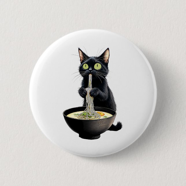 Black Cat Eating Ramen Noodles Japanisches Essen Button (Vorderseite)