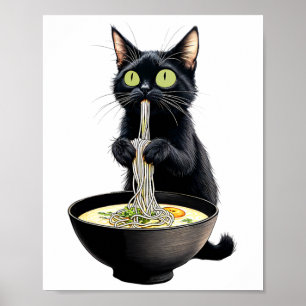 Black Cat Eating Ramen Noodles Japanisches Essen Poster
