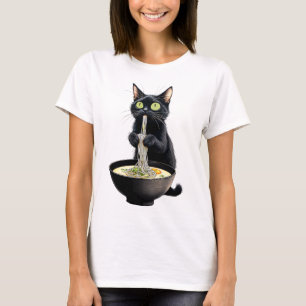 Black Cat Eating Ramen Noodles Japanisches Essen T-Shirt