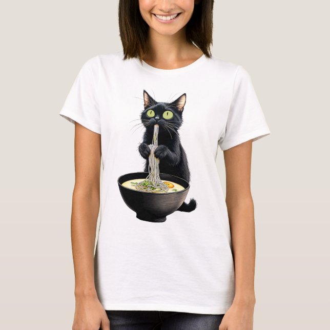 Black Cat Eating Ramen Noodles Japanisches Essen T-Shirt (Vorderseite)
