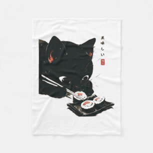 Black Cat Eating Sushi - Katze Japanisch Kunst Fleecedecke