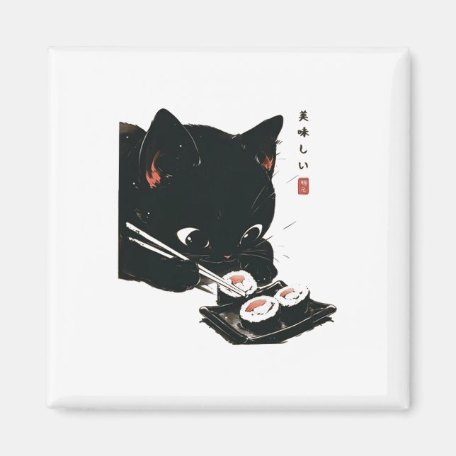 Black Cat Eating Sushi - Katze Japanisch Kunst Magnet (Vorne)