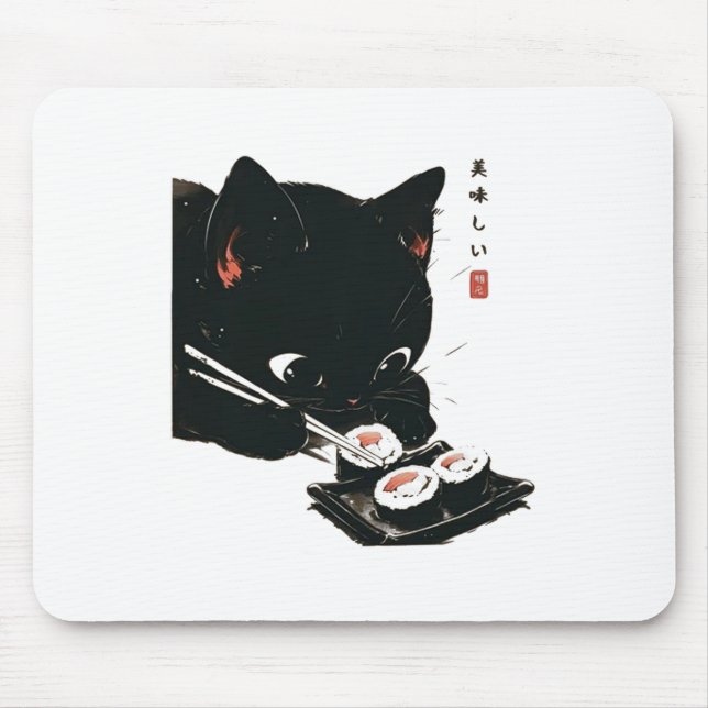 Black Cat Eating Sushi - Katze Japanisch Kunst Mousepad (Vorne)