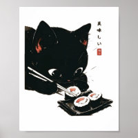 Black Cat Eating Sushi - Katze Japanisch Kunst
