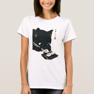 Black Cat Eating Sushi - Katze Japanisch Kunst T-Shirt