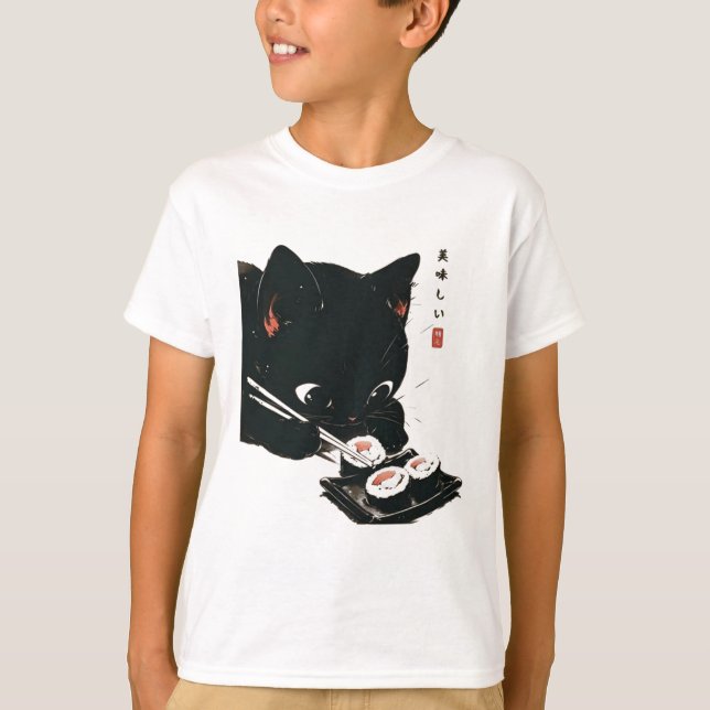 Black Cat Eating Sushi - Katze Japanisch Kunst T-Shirt (Vorderseite)