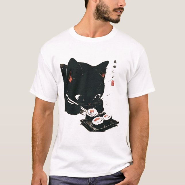 Black Cat Eating Sushi - Katze Japanisch Kunst T-Shirt (Vorderseite)