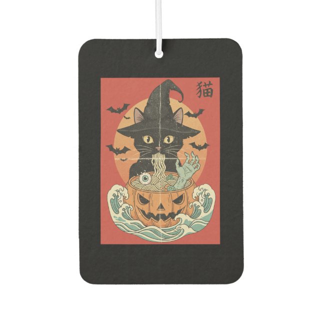 Black cat eats Japanese ramen for Halloween Autolufterfrischer (Vorderseite)