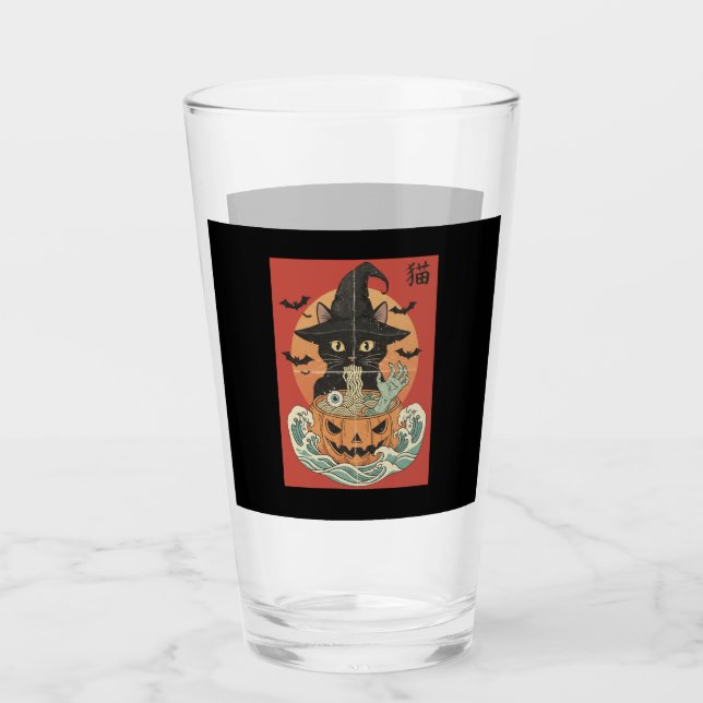 Black cat eats Japanese ramen for Halloween Glas (Vorderseite)