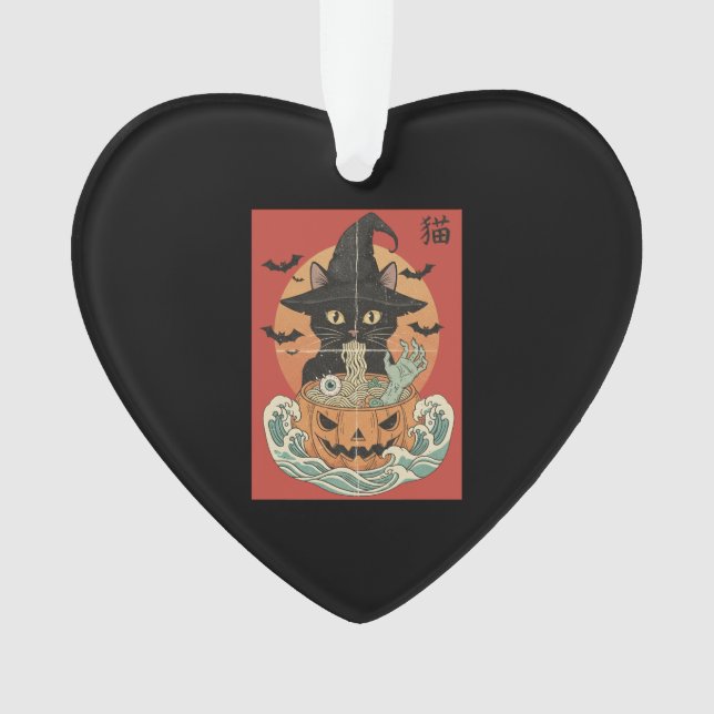 Black cat eats Japanese ramen for Halloween Ornament (Vorderseite)