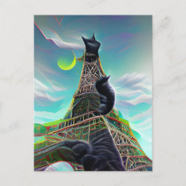Black Cat Eiffel Tower Surreal Twilight Paris Moon Postkarte