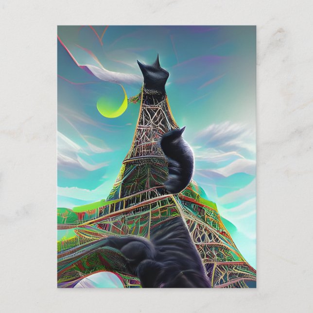 Black Cat Eiffel Tower Surreal Twilight Paris Moon Postkarte (Vorderseite)
