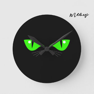 Black Cat Face Green Eyes Whiskers Niedlich Cat Lo Runde Wanduhr