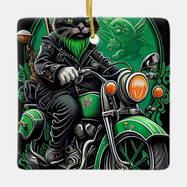 Black Cat Fahrrad St. Patrick's Day Keramikornament (Vorderseite)