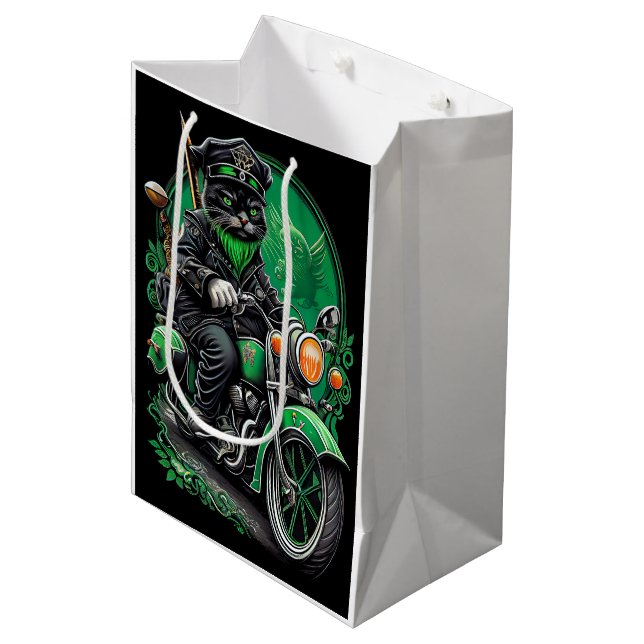 Black Cat Fahrrad St. Patrick's Day Mittlere Geschenktüte (Vorderseite Schrägansicht)