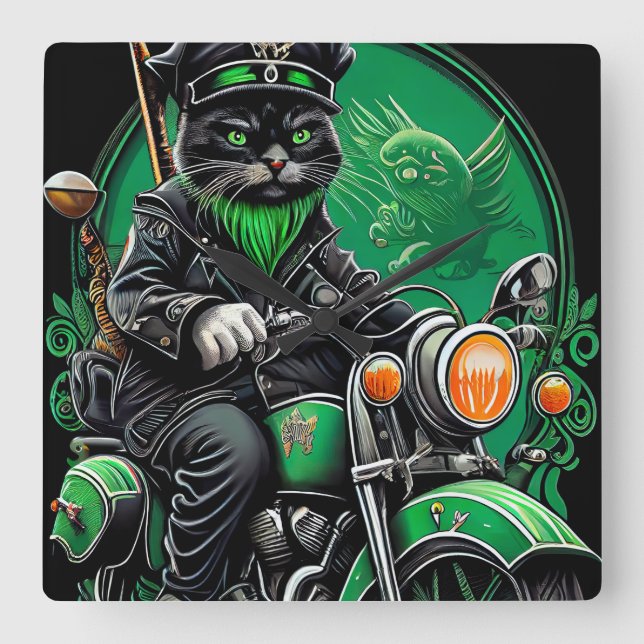 Black Cat Fahrrad St. Patrick's Day Quadratische Wanduhr (Vorderseite)