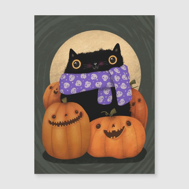 Black Cat Fall Saison Happy Halloween Magnetkarte (Vorderseite)