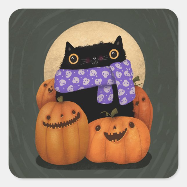 Black Cat Fall Saison Happy Halloween Quadratischer Aufkleber (Vorderseite)