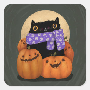 Black Cat Fall Saison Happy Halloween Quadratischer Aufkleber