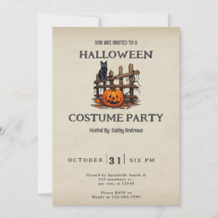 Black Cat Fence Jack O' Lantern Vintag Halloween Einladung