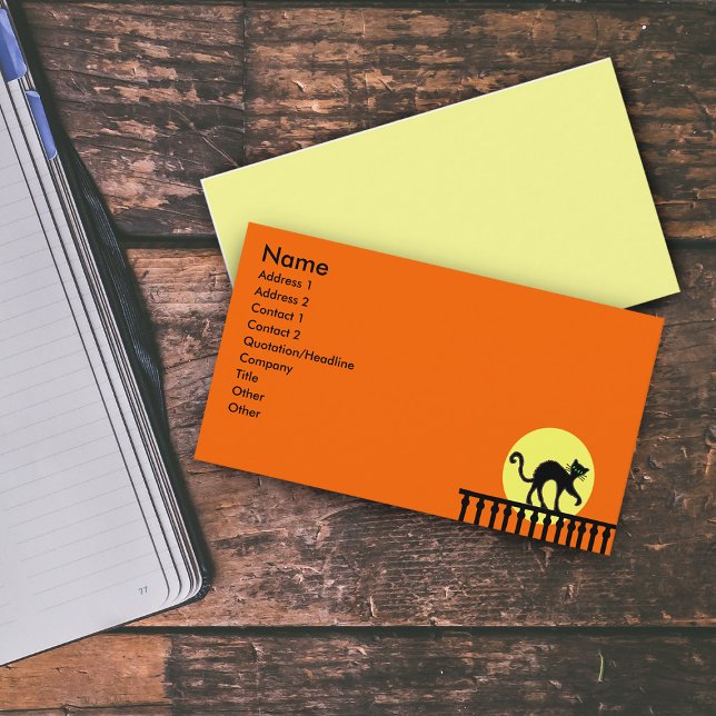 Black Cat Fence Moon Visitenkarte (Black Cat on Fence with yellow full moon on vibrant orange business card.)