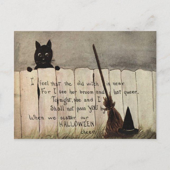 Black Cat Fence Witch's Broom Hat Postkarte (Vorderseite)