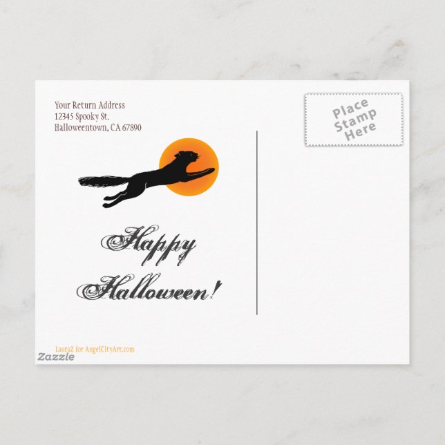 Black Cat Flying School Happy Halloween Postkarte (Rückseite)