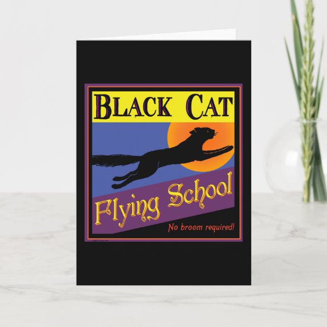 Black Cat Flying School Vintage Halloween Art Karte (Vorderseite)