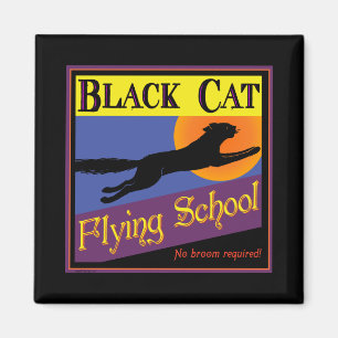 Black Cat Flying School Vintage Halloween Art Magnet
