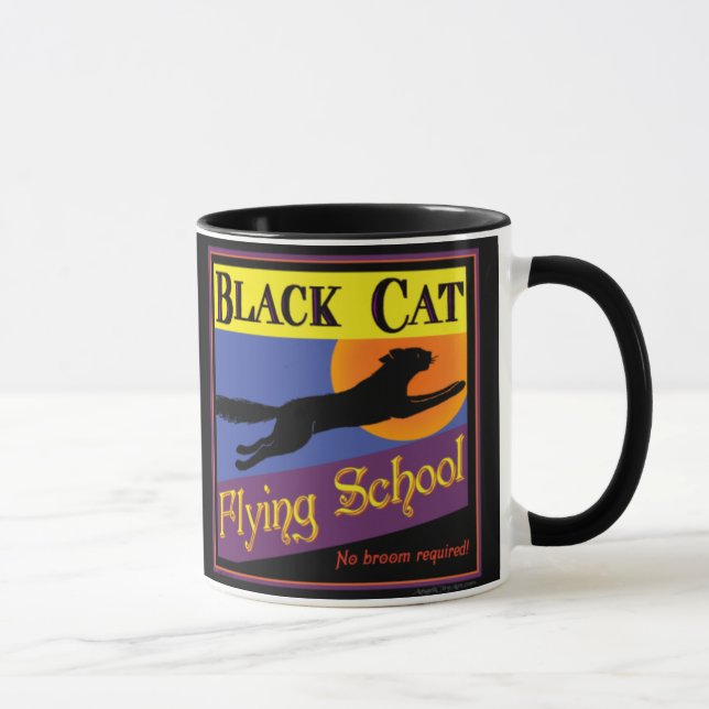 Black Cat Flying School Vintage Halloween Art Tasse (Rechts)