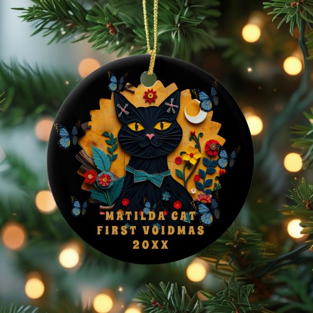 Black Cat Folk Art First Voidmas Ceramic Ornament (Merry Voidmas to you and your black cat!)
