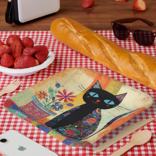 Black Cat Folk Art Pappteller (Picknick)