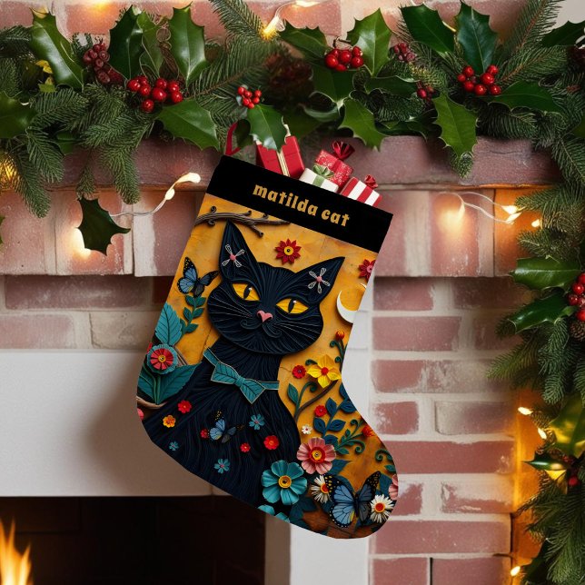 Black Cat Folk Art Pet Weihnachten Strumpf Kleiner Weihnachtsstrumpf (For your black cat that loves paper crafts. Just add their name)