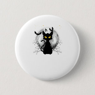 Black Cat Full Moon Bats & Starnight Halloween Button