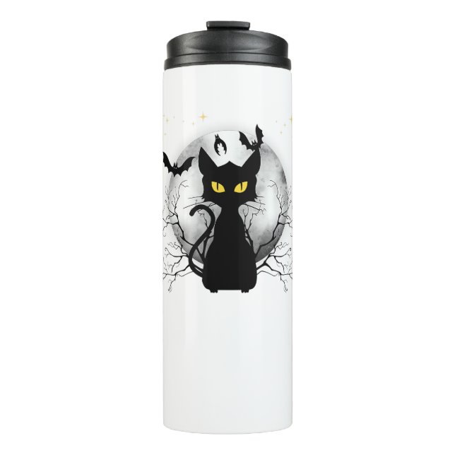 Black Cat Full Moon Bats & Starnight Halloween Thermosbecher (Vorderseite)