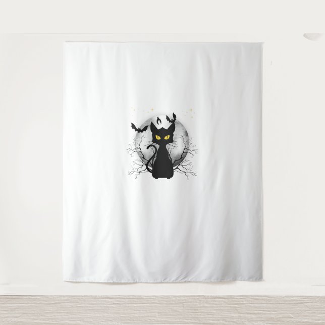 Black Cat Full Moon Bats & Starnight Halloween Wandteppich (Vorderseite)